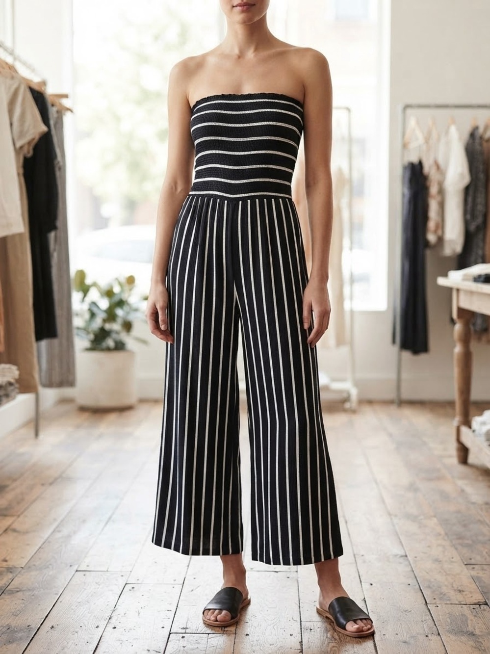 HEM & THREAD Smocked Strapless Wide-Leg Jumpsuit M 14.5” + p2p Black/White EUC